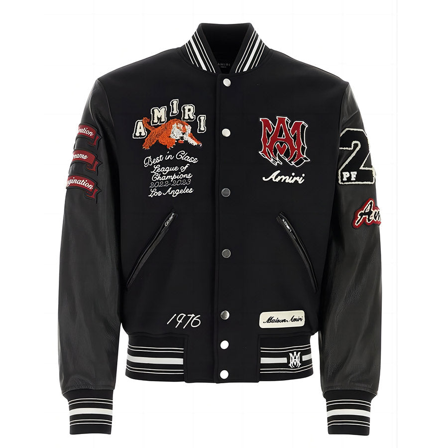 AMIRI Appliquéd Embroidered Wool-Blend Twill and Leather Varsity Jacket