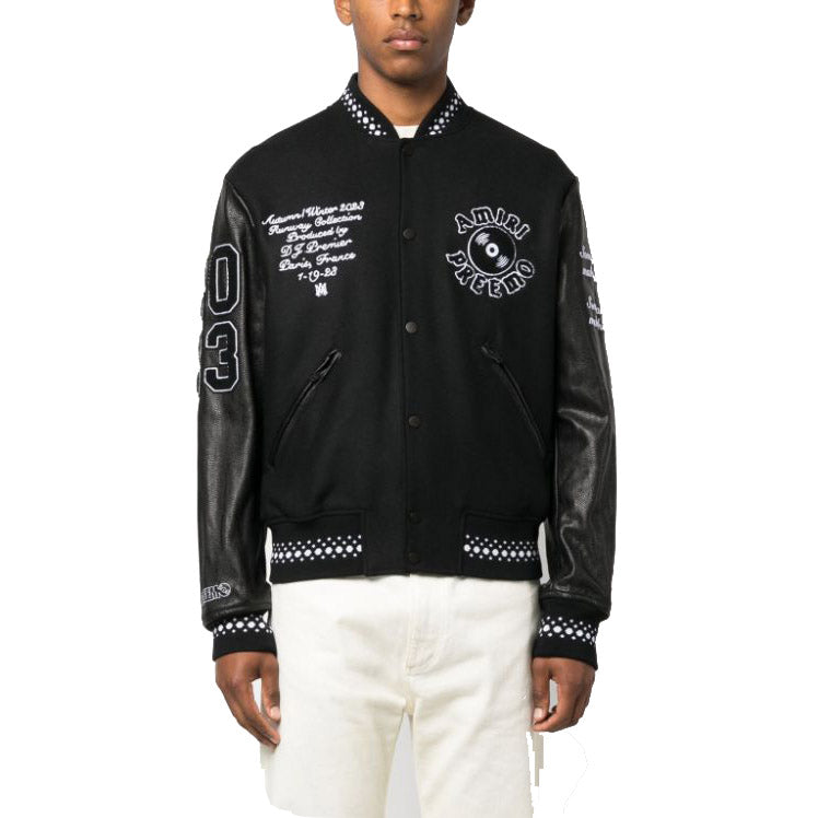 AMIRI Appliquéd Embroidered Wool-Blend Twill and Leather Varsity Jacket