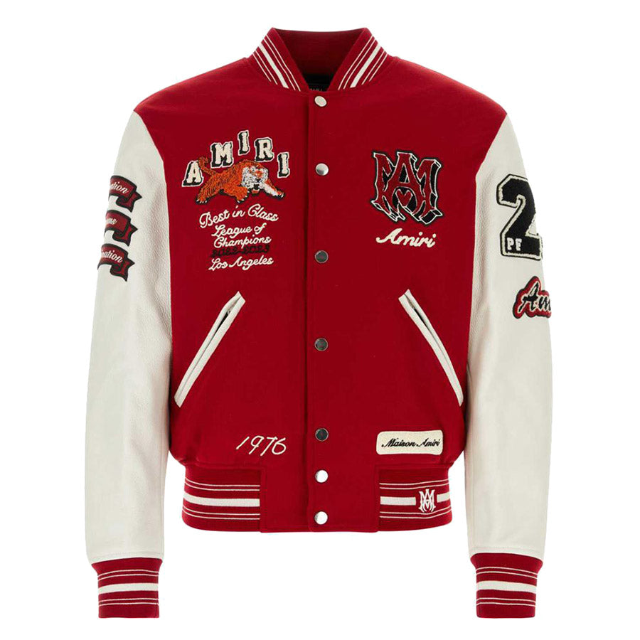 AMIRI Appliquéd Embroidered Wool-Blend Twill and Leather Varsity Jacket