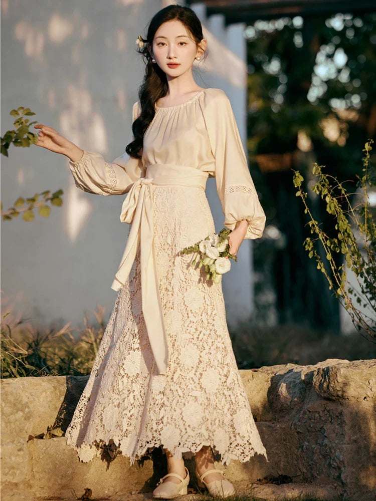 Lotus Heart Romantic Lace Cottagecore Dress Set
