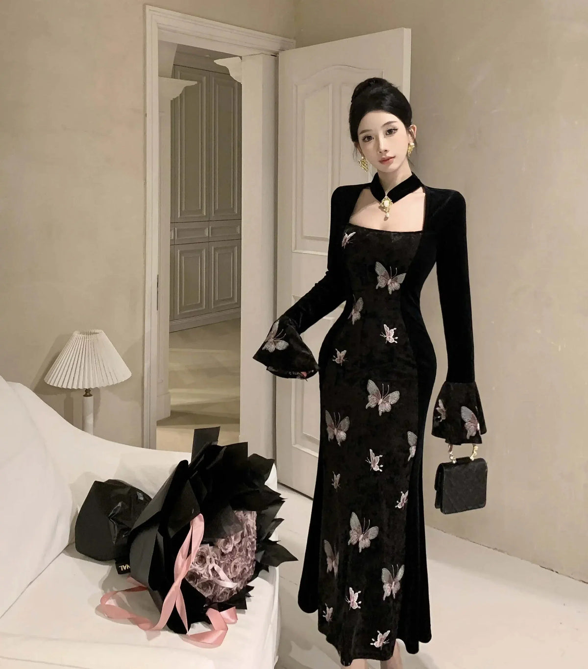 2-Piece Dark Fairy Butterfly Embroidered Velvet Dress with Choker