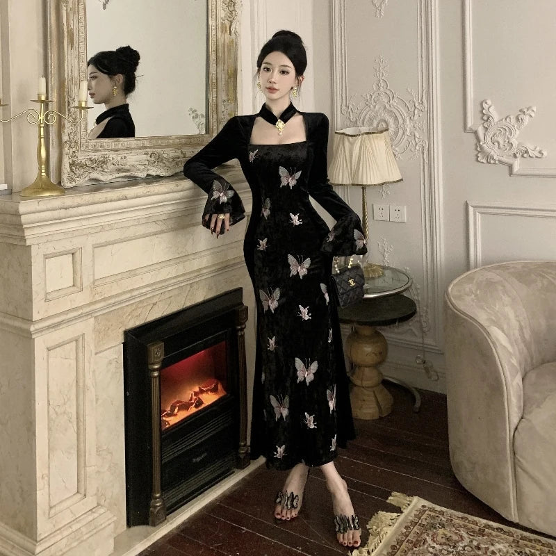 2-Piece Dark Fairy Butterfly Embroidered Velvet Dress with Choker