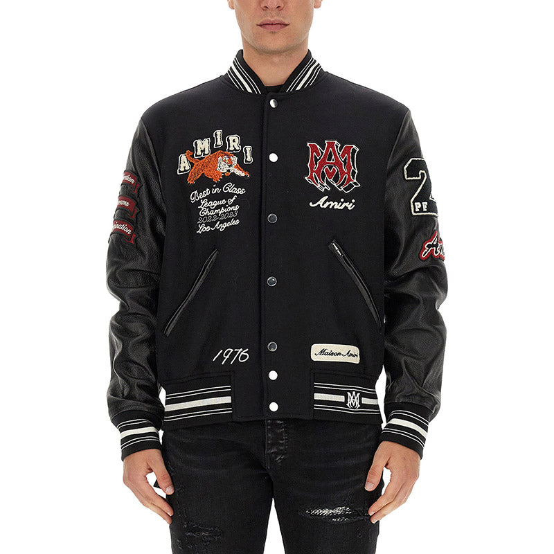 AMIRI Appliquéd Embroidered Wool-Blend Twill and Leather Varsity Jacket