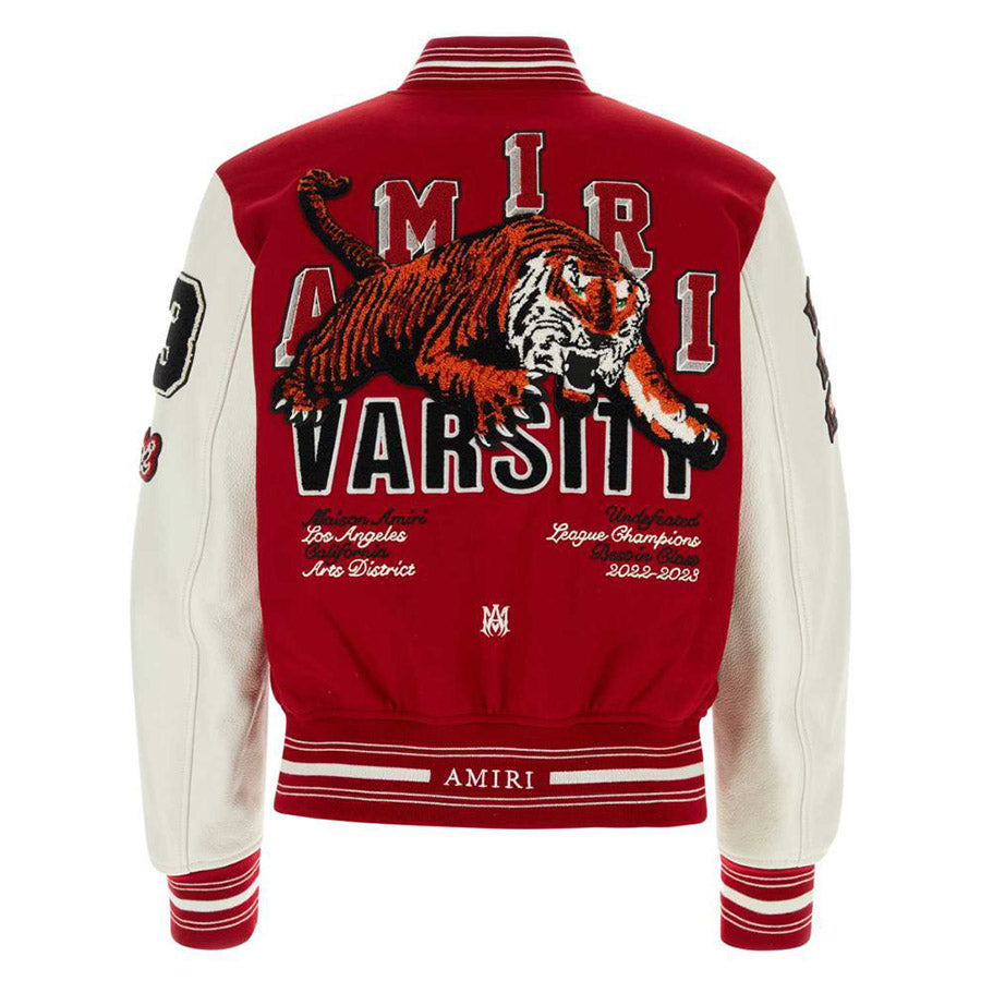 AMIRI Appliquéd Embroidered Wool-Blend Twill and Leather Varsity Jacket